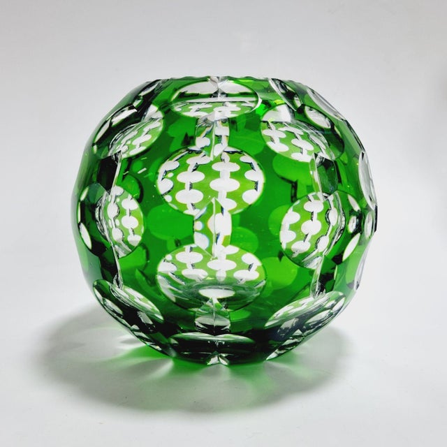 Green Vintage Emerald Green Cut-to-Clear Lead Crystal Sphere Vase, 1970s For Sale - Image 8 of 10