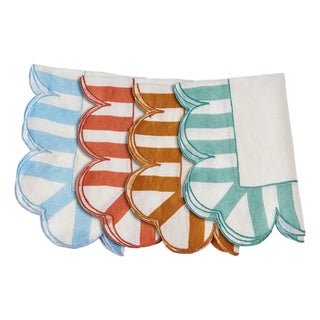 Misette Jardin Embroidered Linen Scalloped Stripe Napkins, Set of 4 For Sale