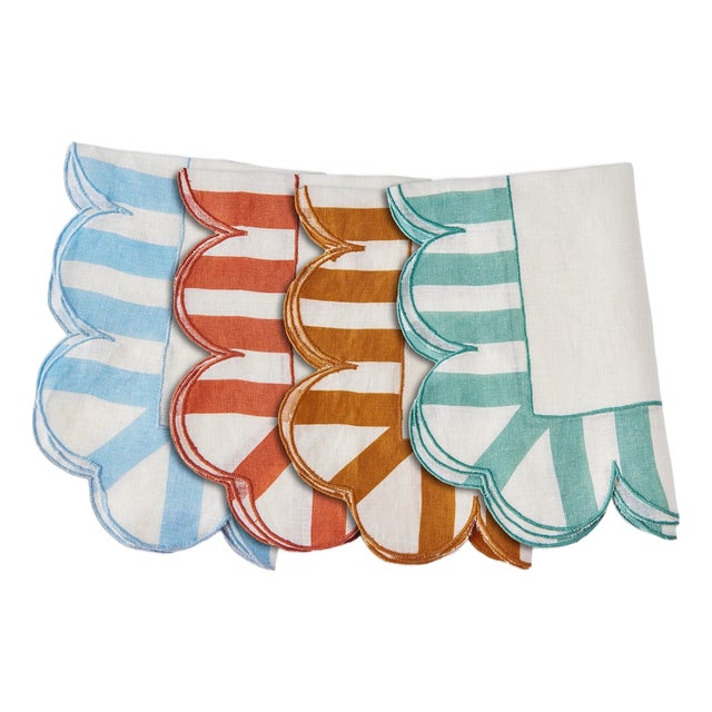 Misette Jardin Embroidered Linen Scalloped Stripe Napkins, Set of 4 For Sale