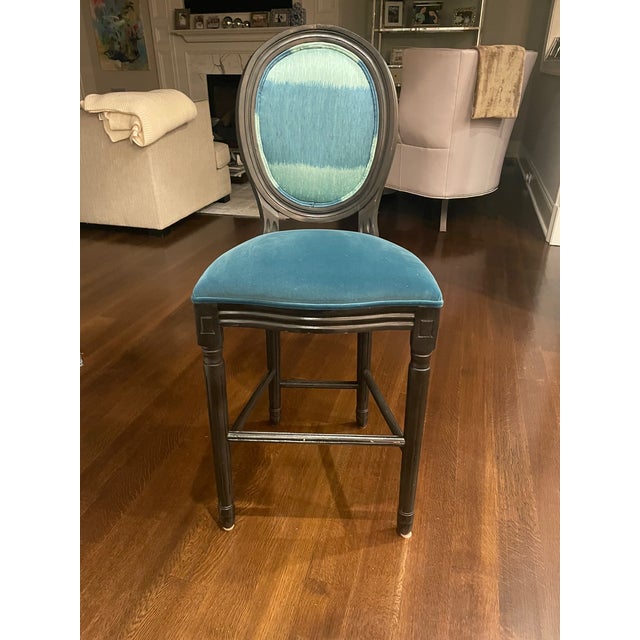 Beautiful custom counter stools with Schumacher and Thibaut fabric. These unique boho style chairs will add color and...
