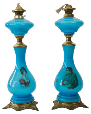 Antique Opaline Glass Oil Table Lamps Depicting Napoleon and Josephine, 1890s, Set of 2