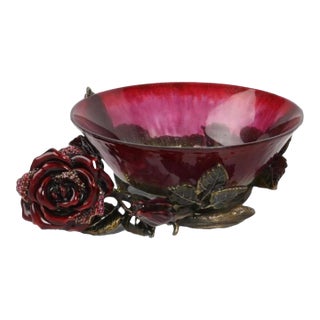 Jay Strongwater Red Glass & Jeweled Enamel Flower Bowl For Sale