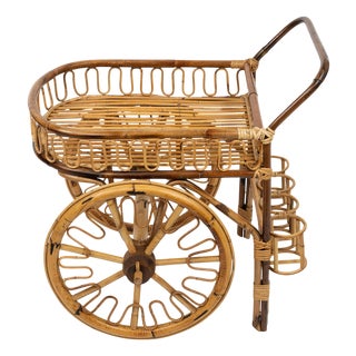 Midcentury French Riviera Serving Bar Cart in Bamboo and Rattan, Italy, 1950s For Sale