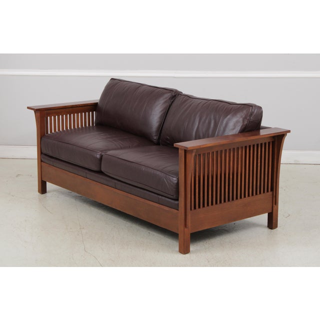 Mission Stickley Mission Oak Burgundy Leather Sofa For Sale - Image 3 of 18