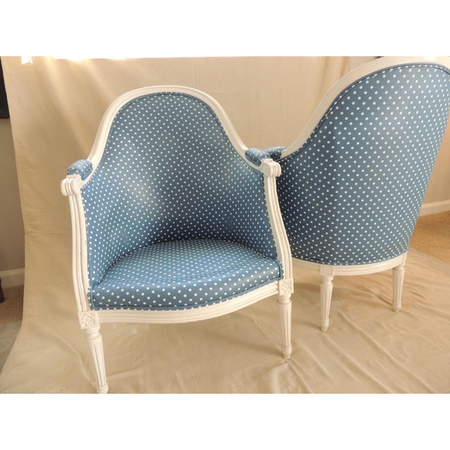 Antique French Louis XVI Style Upholstered Barrel Back Armchairs - A Pair For Sale - Image 12 of 13