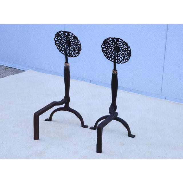 1900's Ernest Gimson Style Brass And Iron Andirons - A Pair For Sale - Image 9 of 12