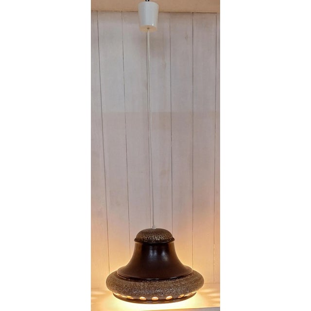 Rustic Vintage German Pendant Lamp with Brown-Beige Ceramic Shade, 1970s For Sale - Image 3 of 7