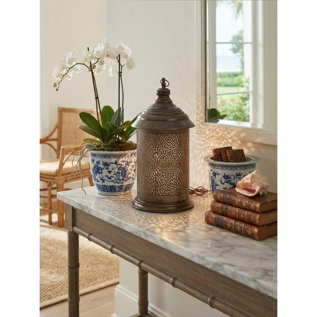 Copper Vintage Moroccan-Style Pierced Brass Table Lantern Lamp For Sale - Image 8 of 12