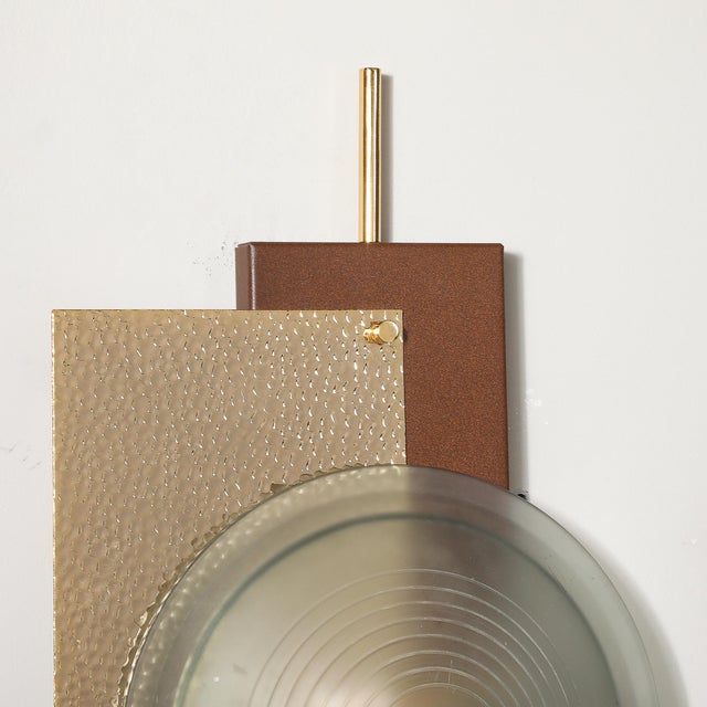 Modern Brutalist Multi-Paneled Sconces in Bronze, Polished Brass & White Enamel For Sale - Image 15 of 17