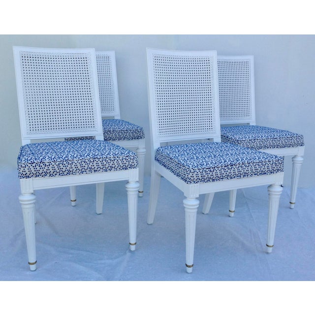Vintage 1960s Italian Neoclassical-style, double cane, straight back set of four dining chairs. These have been newly...