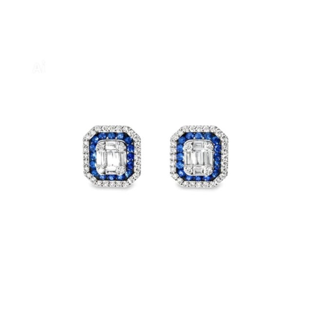 Mid 20th Century Pair of 18k White Gold Sapphire Diamond Stud Earrings Estate Sapphire For Sale - Image 4 of 4