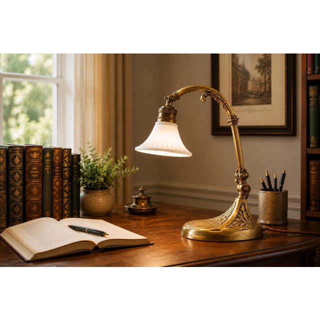 Gold Art Nouveau Brass Desk Lamp with Adjustable Gooseneck, Fluted Glass Shade and Floral Relief Base, Europe, 1920s For Sale - Image 8 of 10