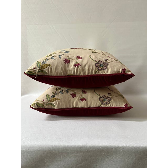 Embroidered Floral 18” Feather/Down Pillows - A Pair For Sale - Image 4 of 8