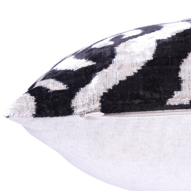 Textile Handmade Velvet Pillow With Insert – Black & White Abstract Ikat, 16x24" For Sale - Image 7 of 8