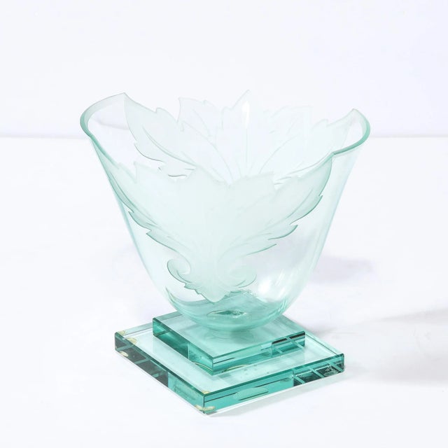 Modern Frosted and Etched Cut Glass Leaf Vase/Bowl on Geometric Base by Robert Guenther For Sale - Image 3 of 12