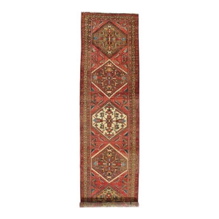 Antique Heriz Northwest Persian Runner, Handmade Rug Navy Light Blue, Rust Ivory For Sale
