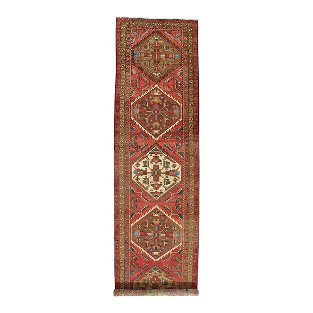 Antique Heriz Northwest Persian Runner, Handmade Rug Navy Light Blue, Rust Ivory For Sale