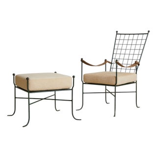 Italian Verdigris Iron Armchair with Ottoman, 1950s For Sale