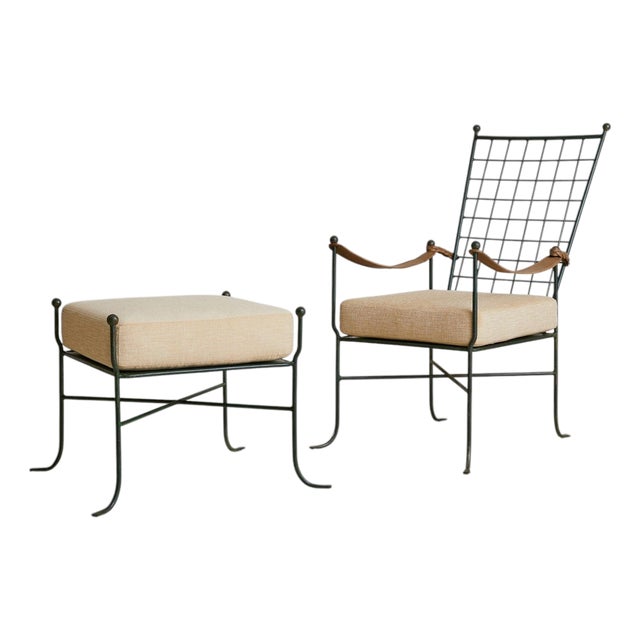 Italian Verdigris Iron Armchair with Ottoman, 1950s For Sale