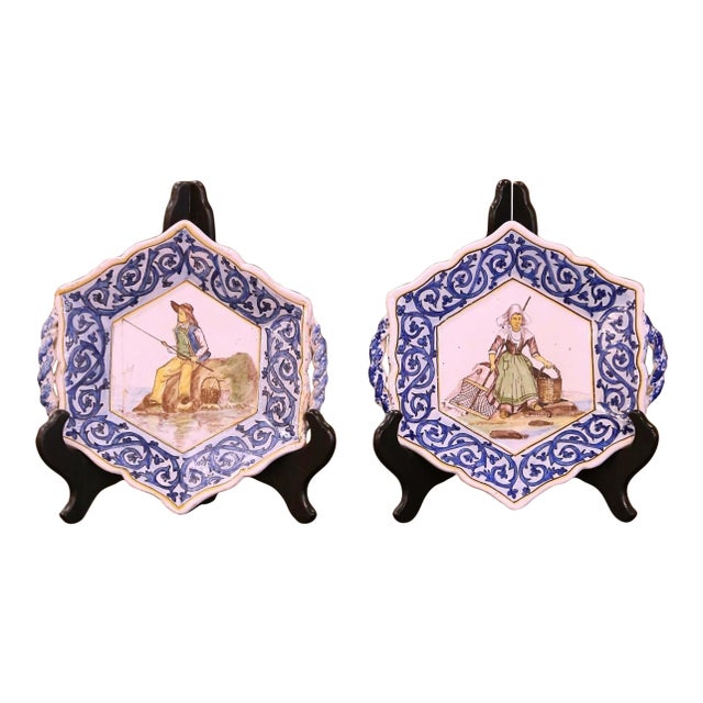 Pair of Early 20th Century French Faience Coaster Plates Signed Henriot Quimper For Sale
