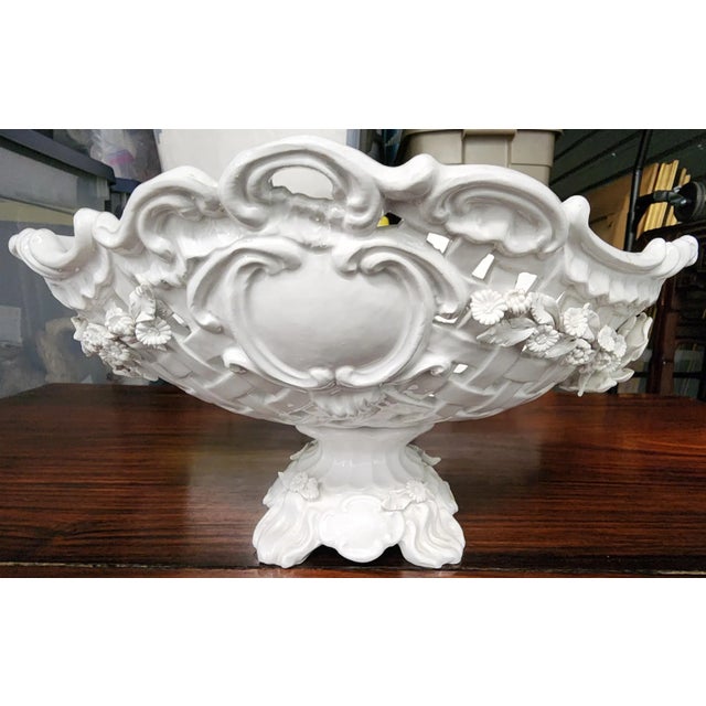 Vintage Italian White Glazed Fine Ceramic Footed Oval Fruit Basket For Sale - Image 12 of 12