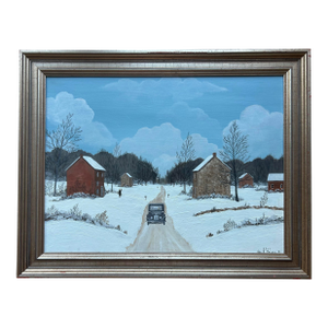 Vintage Bucks County Pa Folk Art Landscape Farm Snow Scene Framed Painting
