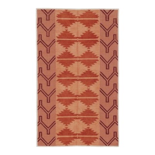 Rug & Kilim’s Indian Dhurrie Rug in Brick Red and Orange Geometric Pattern For Sale
