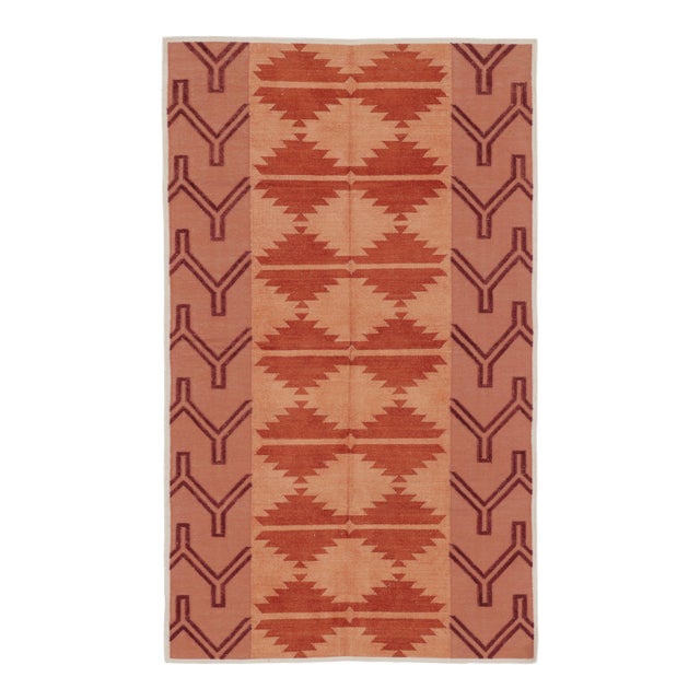 Rug & Kilim’s Indian Dhurrie Rug in Brick Red and Orange Geometric Pattern For Sale
