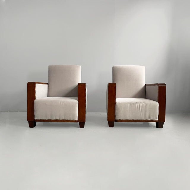 Italian Art Deco armchairs in wood and grey velvet, 1930s Pair of fabric, velvet, and wood armchairs. The seat and...