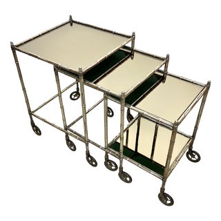 Silvered Brass & Faux Bamboo Nesting Bar Cart from Maison Baguès, France, 1960s, Set of 3 For Sale
