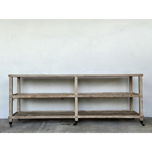 Farmhouse Vintage Rustic Plank Wood Three Tier Console on Casters For Sale - Image 3 of 12