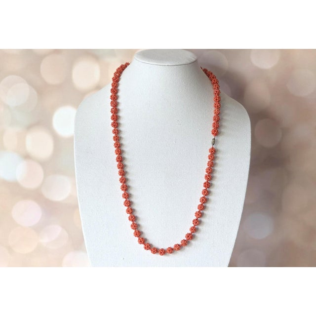 Metal Antique Salmon Coral Beaded Necklace, 12k White Gold Clasp, 31.5" For Sale - Image 7 of 10