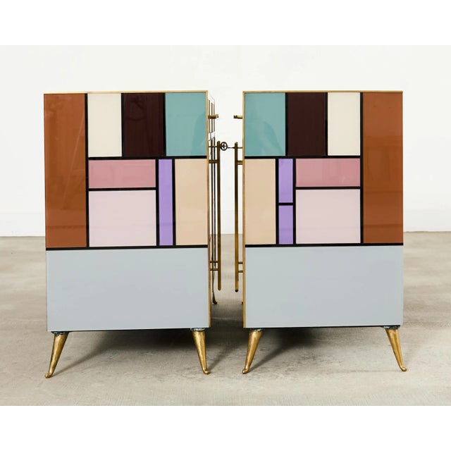 Brown Pair Italian Midcentury Mondrian Style Glass Brass Cabinets For Sale - Image 8 of 18