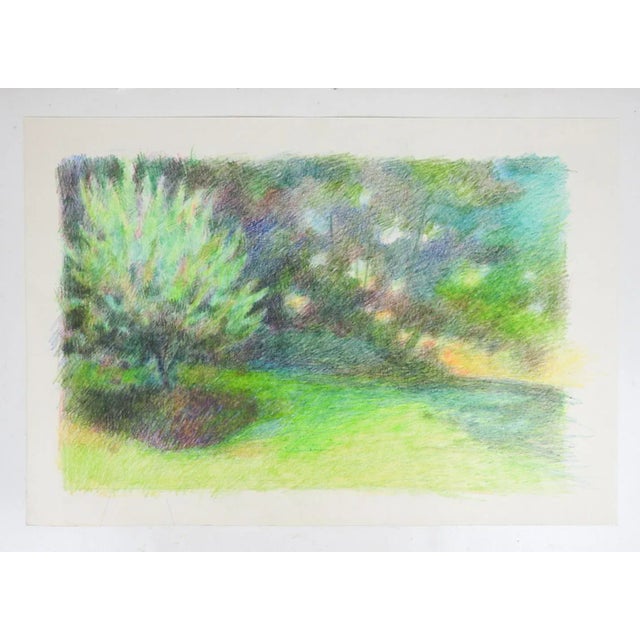 Vintage late 20th century oil pastel on paper impressionist tree lined meadow landscape painting. Unsigned. Unframed.