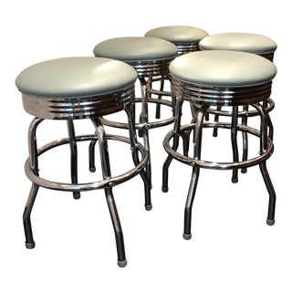 Vintage Upholstered Swiveling Counter Stools - Set of 5 For Sale