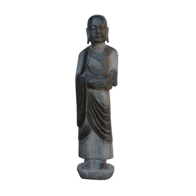 Gray Chinese Black Gray Stone Carved Standing Monk Lohon Statue cs3627S For Sale - Image 8 of 8