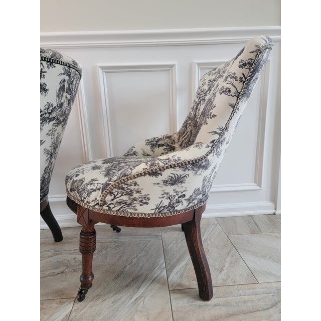 Antique Victorian Toile Upholstered Parlor Slipper Chairs on Casters – A Pair For Sale - Image 13 of 17