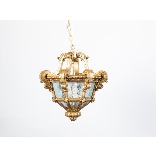 Gold Early 20th Century French Baroque Style Giltwood Lantern with Carved Volutes and Textured Glass For Sale - Image 8 of 11