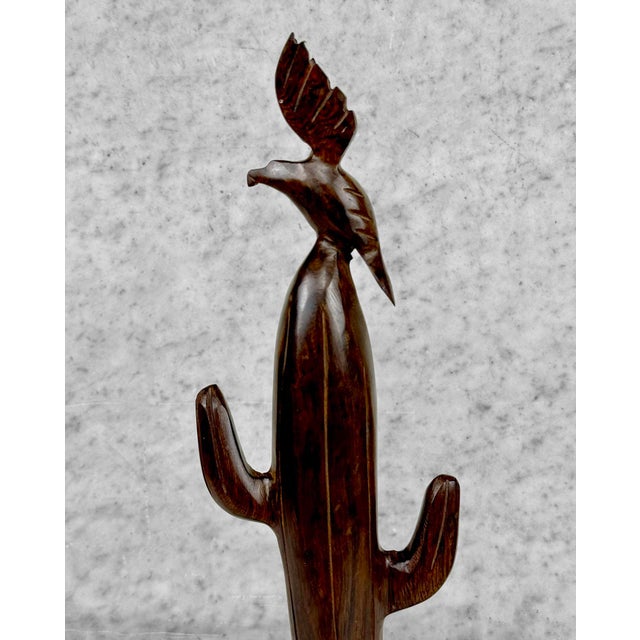 Mid 20th Century Vintage Southwestern Carved Wood Bird & Cactus Sculpture For Sale - Image 5 of 10