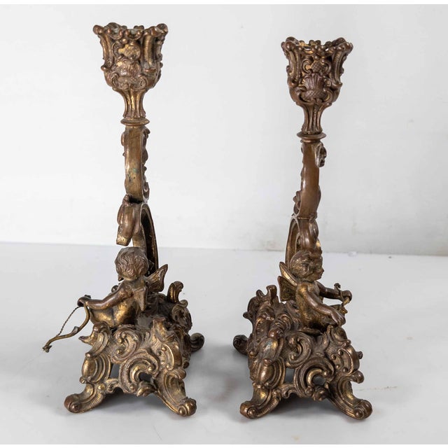 Metal 19th Century Pair of French Rococo Revival Gilt Bronze or Copper Alloy Candlesticks For Sale - Image 7 of 14