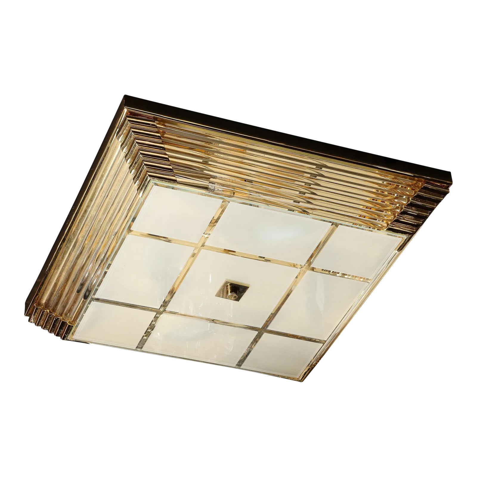 1970s Mid-Century Modernist Brass & Frosted Glass Rod Square Flush ...