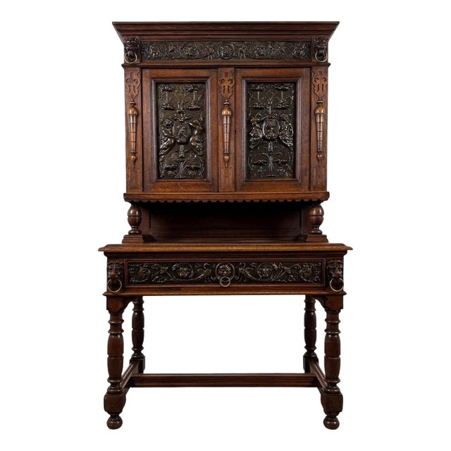 19th Century Jacobean Revival Copper and Oak Cabinet For Sale