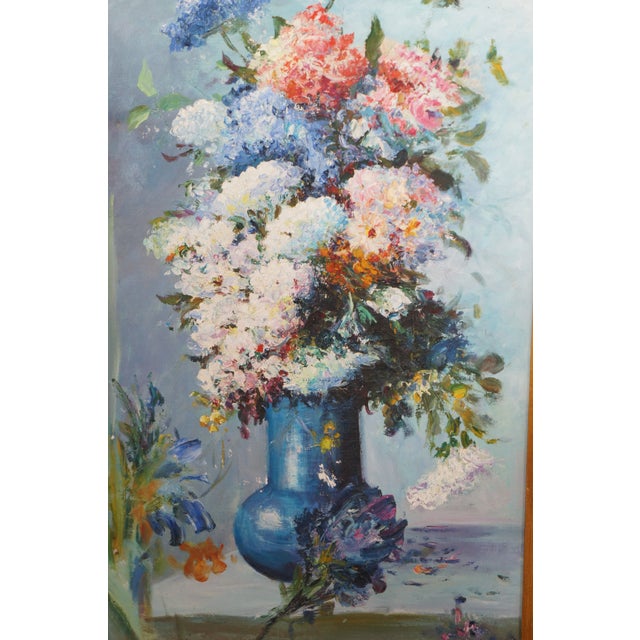 20th Century Still Life Oil Painting Bouquet of Flowers in Blue Vase Framed 43" For Sale - Image 11 of 12