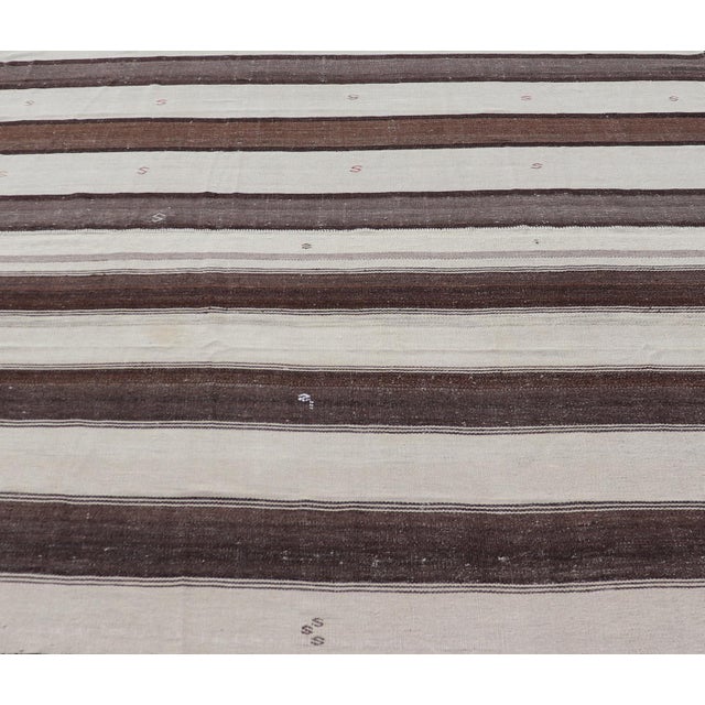 Measures: 8'6 x 9'6 Striped Turkish Vintage Kilim Flat-Weave Rug in Brown, Mocha, and Ivory. Keivan Woven Arts / rug...