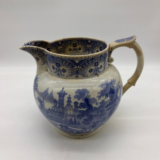 Antique English Blue Transferware Pitcher, Romantic Landscape with Castle, 8", 19th Century A large antique English blue...