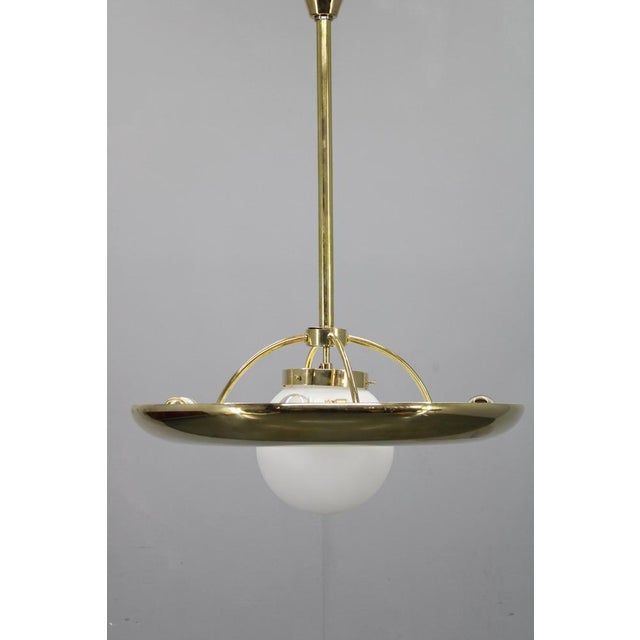 Art Deco Brass Pendant Light with White Glass, Czechoslovakia, 1930s For Sale - Image 3 of 13