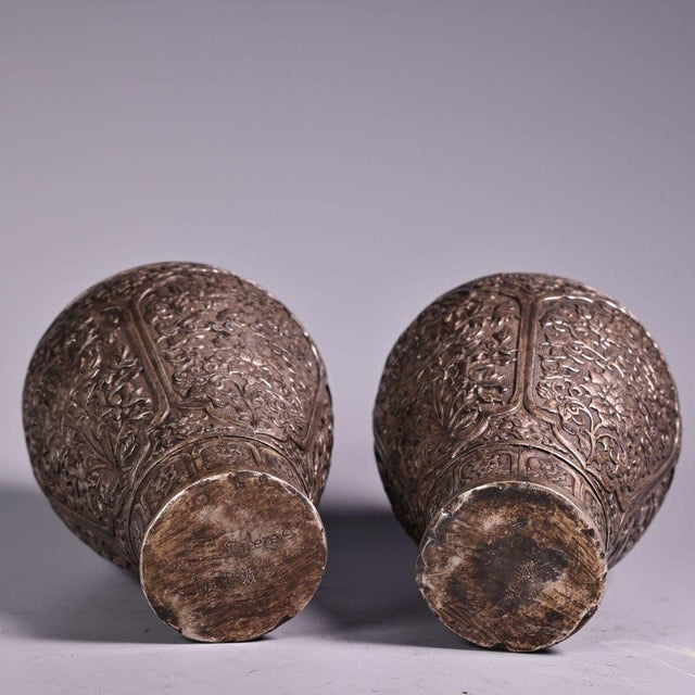 Metal Pair of Vintage Silver-Toned Bronze Vases - Repoussé Floral Motif, Meiping Form For Sale - Image 7 of 9