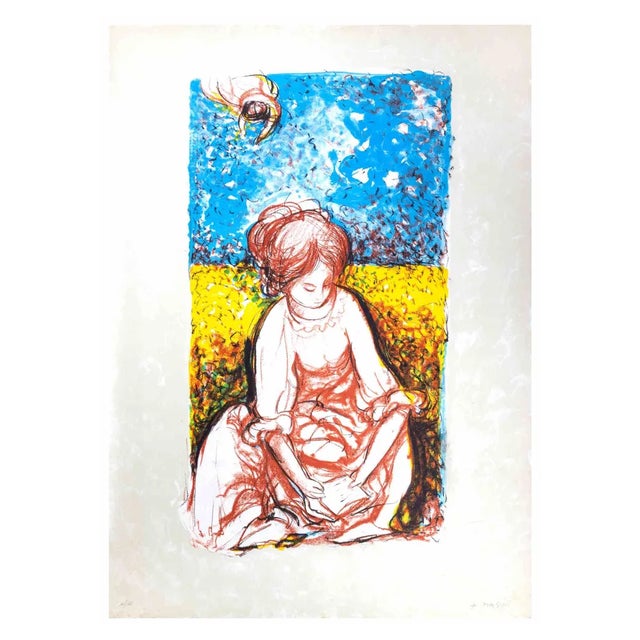 Antonio Masini, Reading Girl in Wheat Field, Lithograph, 1970s For Sale