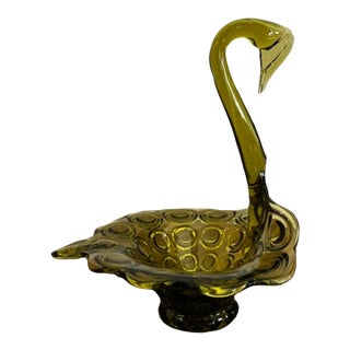 Vintage Mid-Century Modern Olive Green Art Glass Swan Trinket Dish For Sale