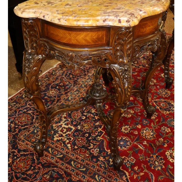 Brown French Louis XV Carved Walnut Inlaid Marble Top Buffet Sideboard Circa 1910 For Sale - Image 8 of 13